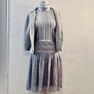 Stylish gray/silver A-line Skirt/Blouse/Jacket combo.